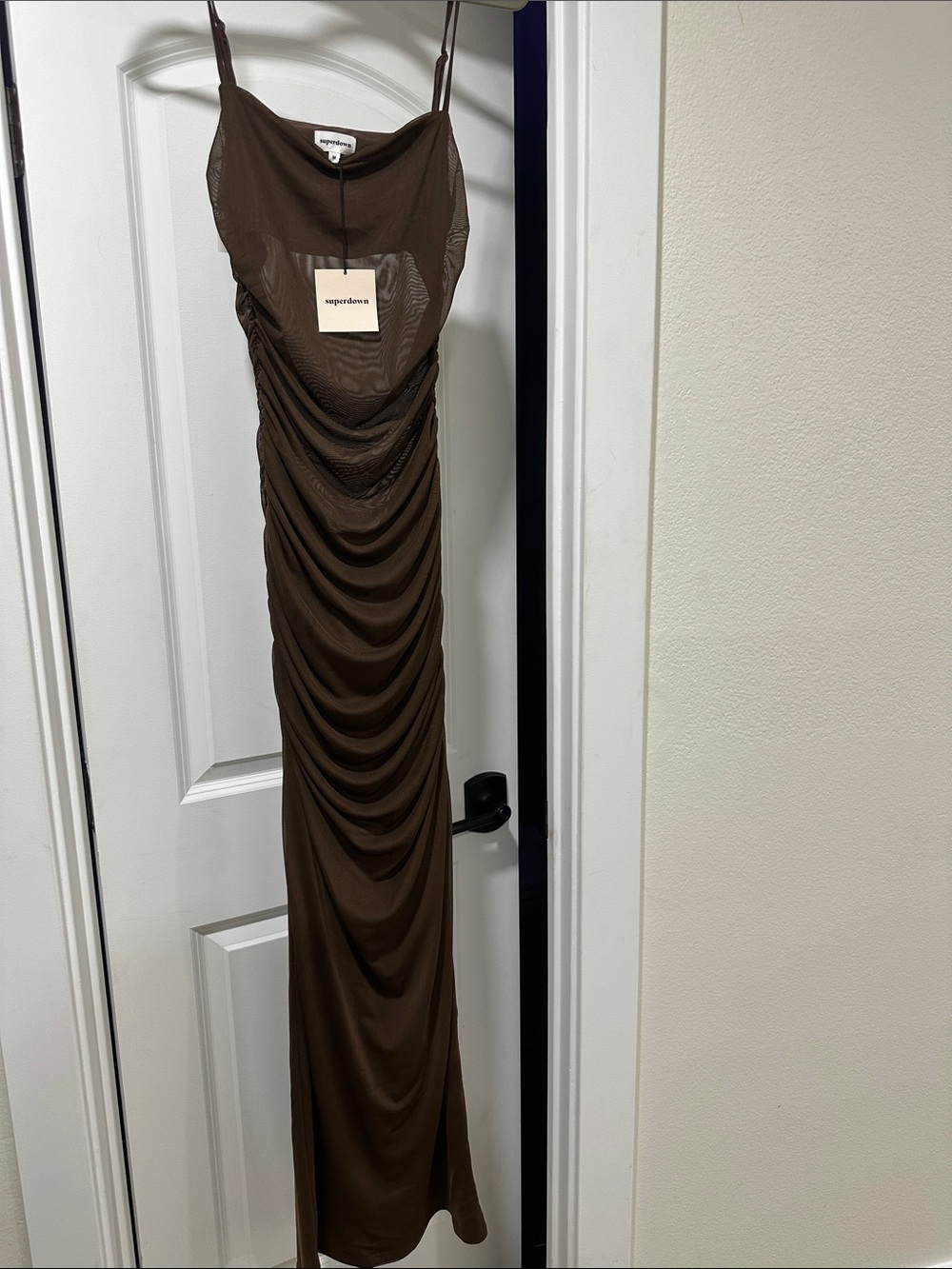 Revolve Celeste Superdown Brown Ruched Mesh Maxi Slip Dress